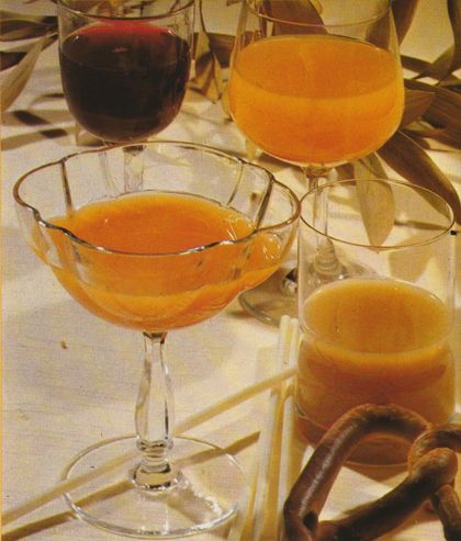 Verschiedene Fruchtsäfte in unterschiedlichen Gläsern: Eine Cocktailschale mit orangem Saft im Vordergrund, dahinter ein Sektglas mit klarem Saft, ein Weinglas mit orangem Getränk und weitere Gläser. Im Hintergrund die Blätter einer Pflanze.